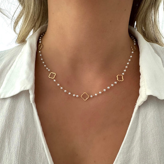 Collier Trèfle Perles blanc